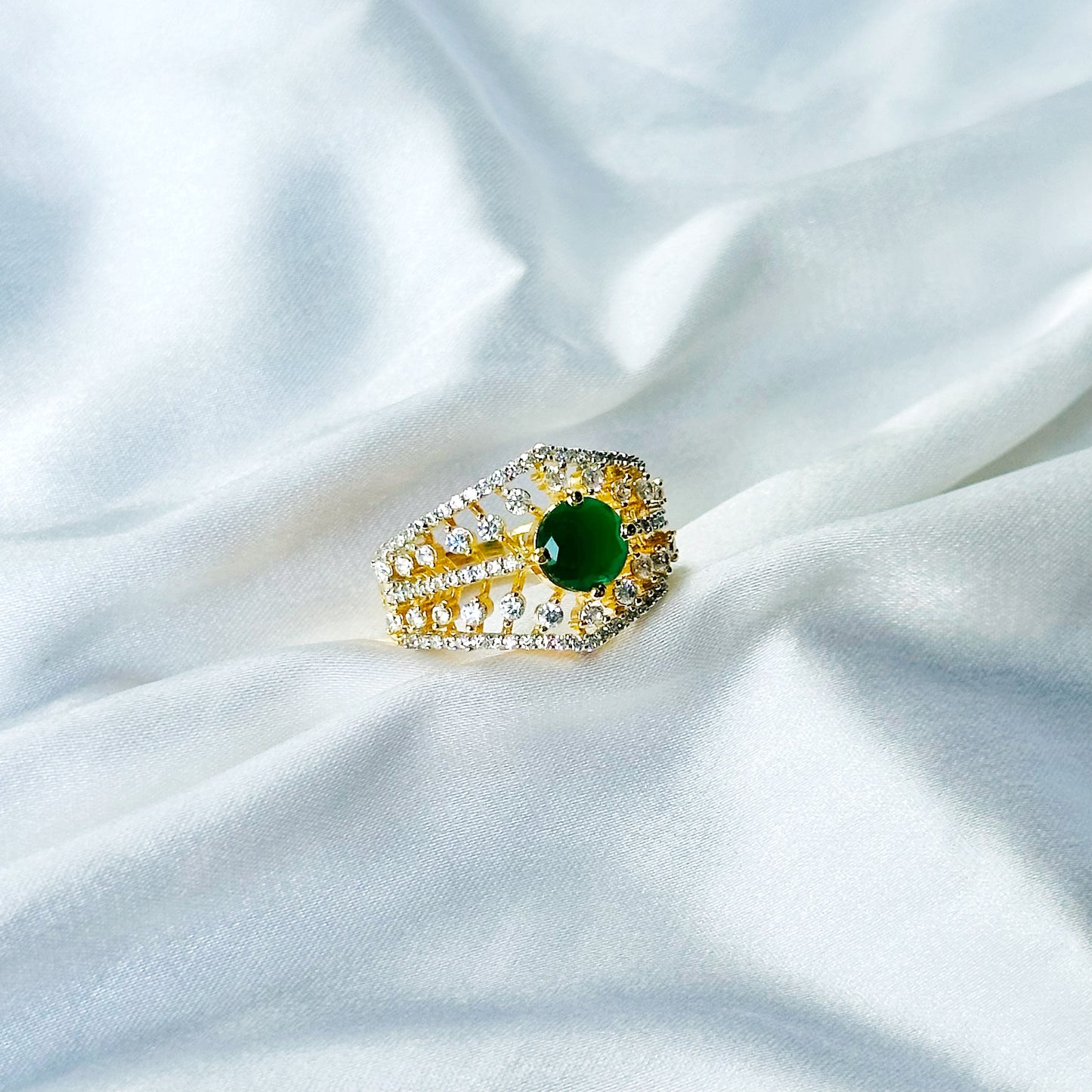 Green Emerald Cubic Zircon American Diamond Gold/Silver Plated Adjustable Ring
