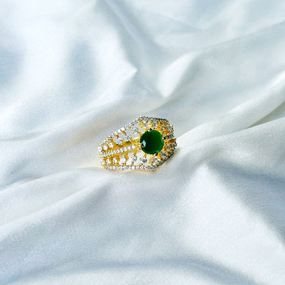 Green Emerald Cubic Zircon American Diamond Gold/Silver Plated Adjustable Ring