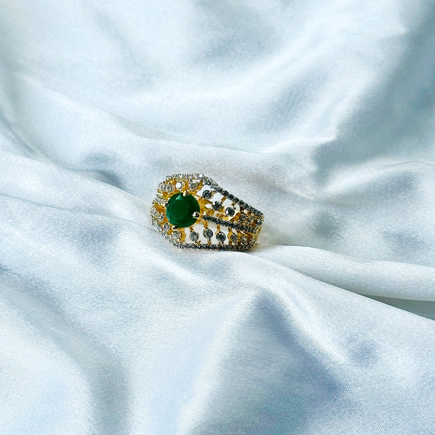 Green Emerald Cubic Zircon American Diamond Gold/Silver Plated Adjustable Ring