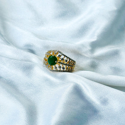 Green Emerald Cubic Zircon American Diamond Gold/Silver Plated Adjustable Ring