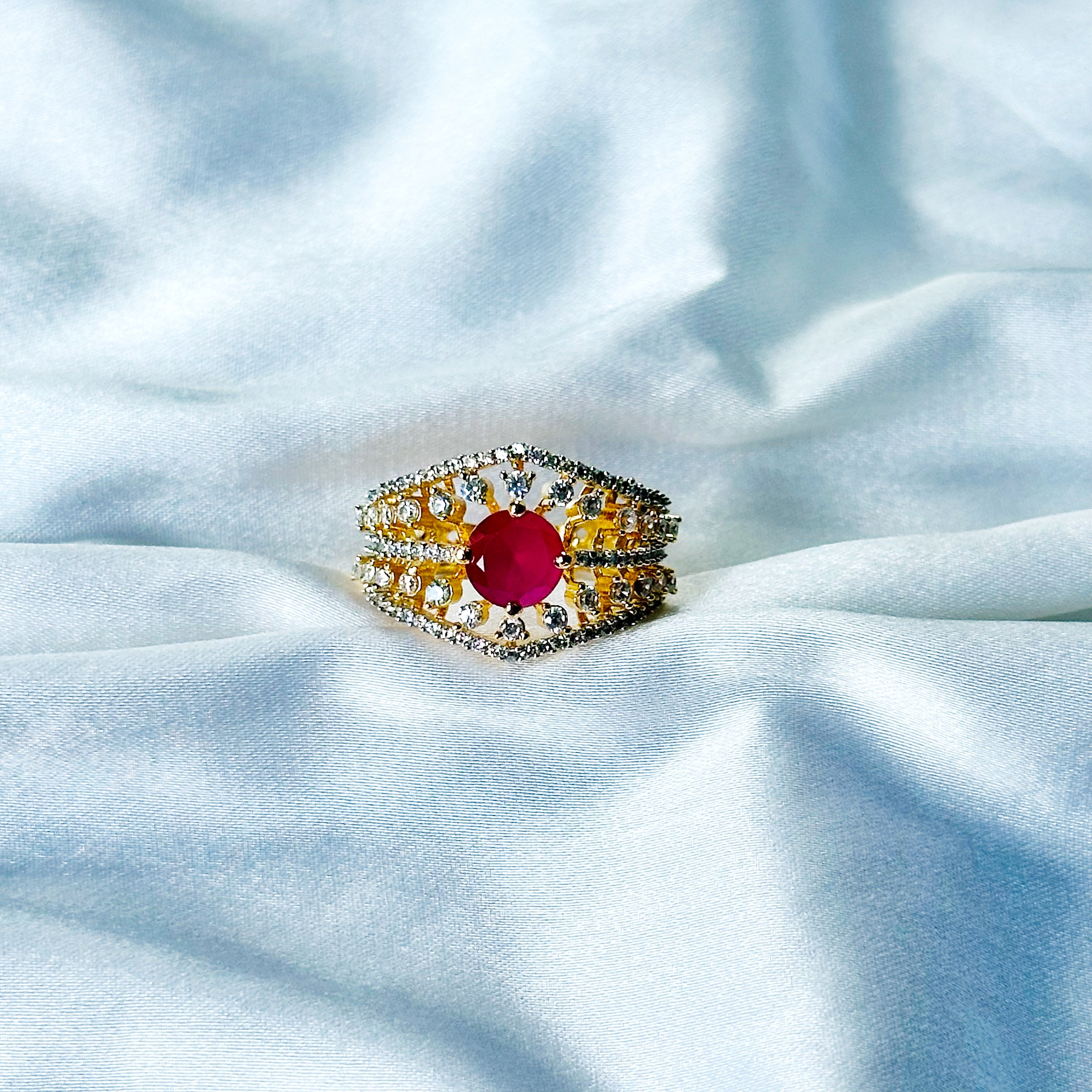 Red Ruby Cubic Zircon American Diamond Gold/Silver Plated Adjustable Ring