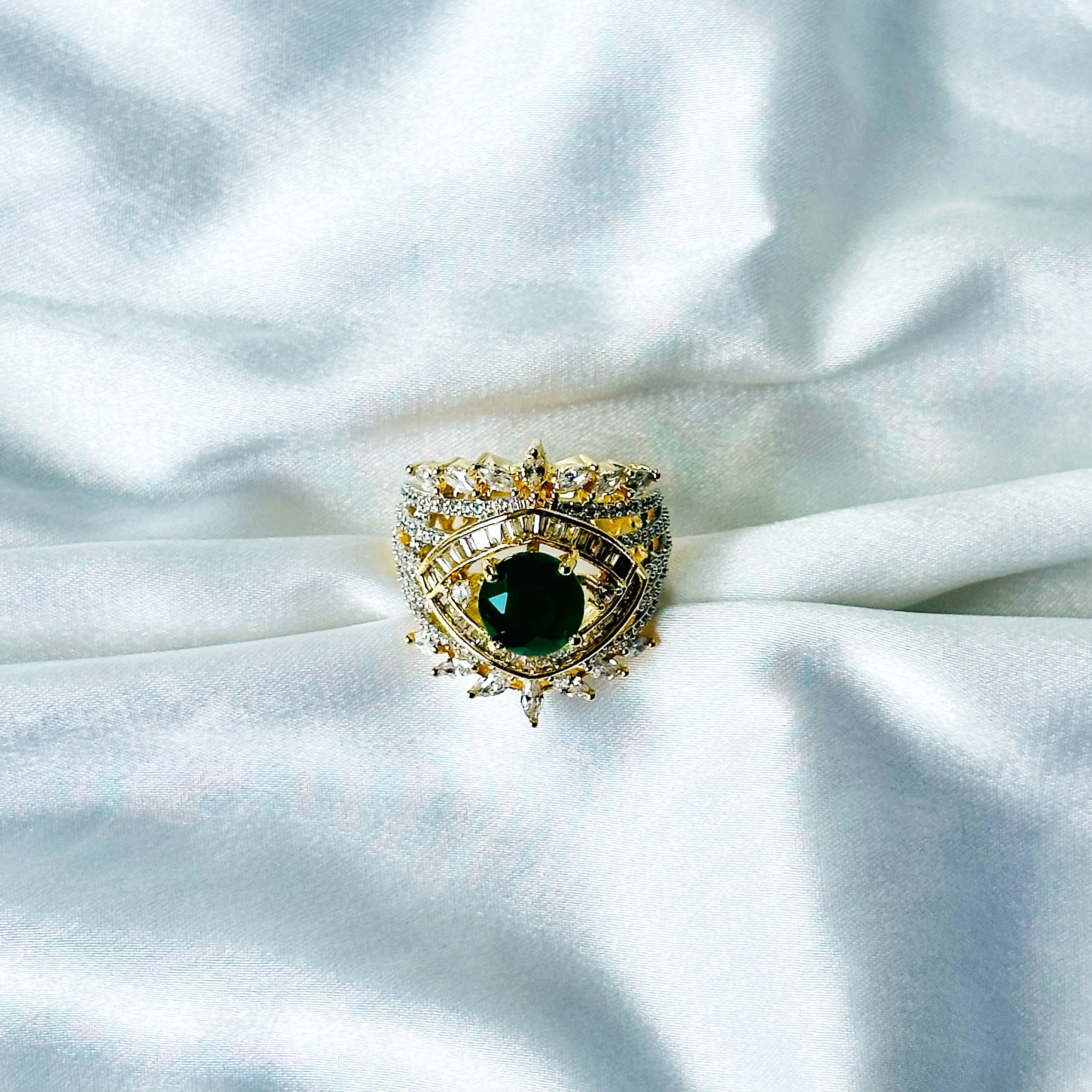 Green Emerald Cubic Zircon American Diamond Gold/Silver Plated Adjustable Ring