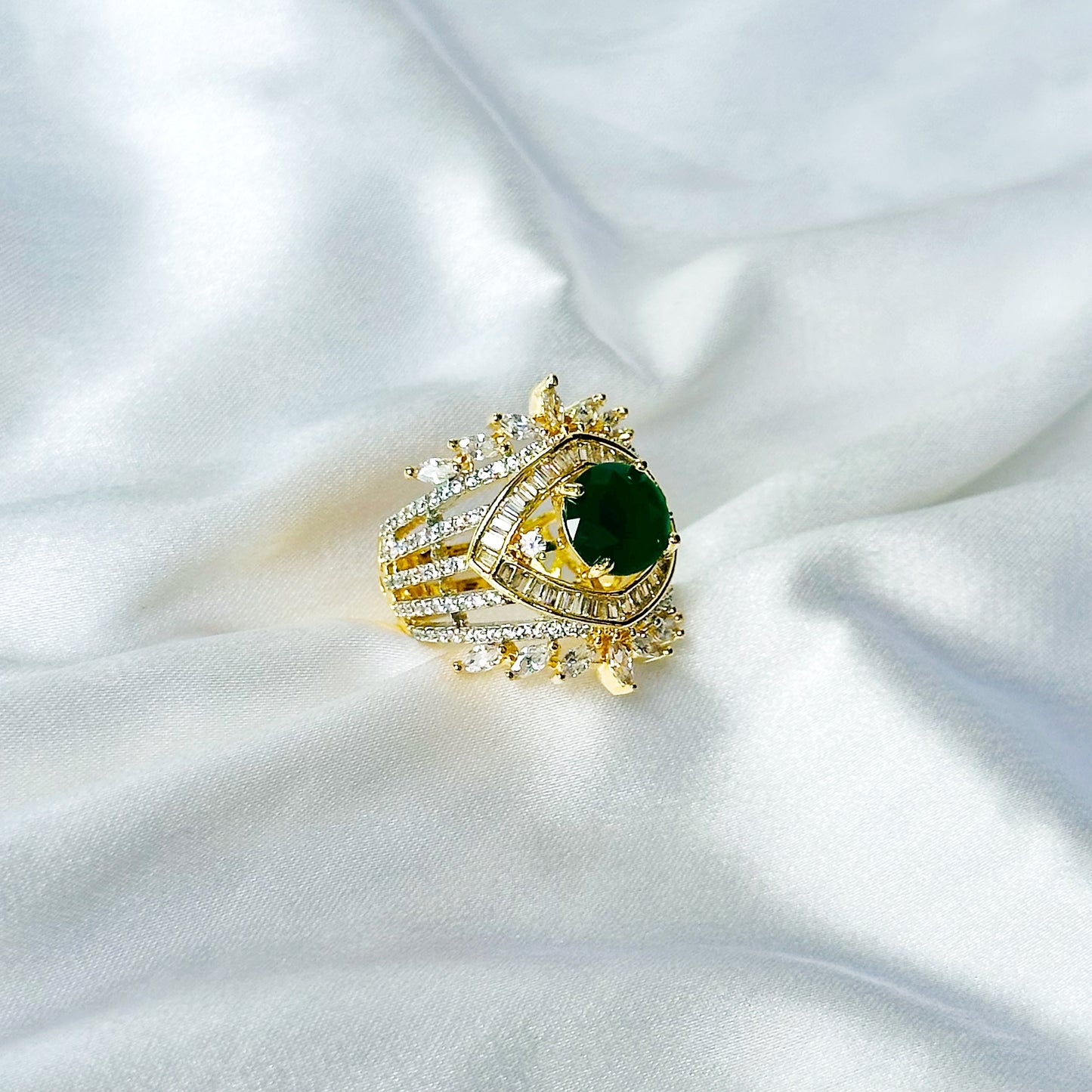 Green Emerald Cubic Zircon American Diamond Gold/Silver Plated Adjustable Ring