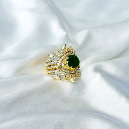 Green Emerald Cubic Zircon American Diamond Gold/Silver Plated Adjustable Ring
