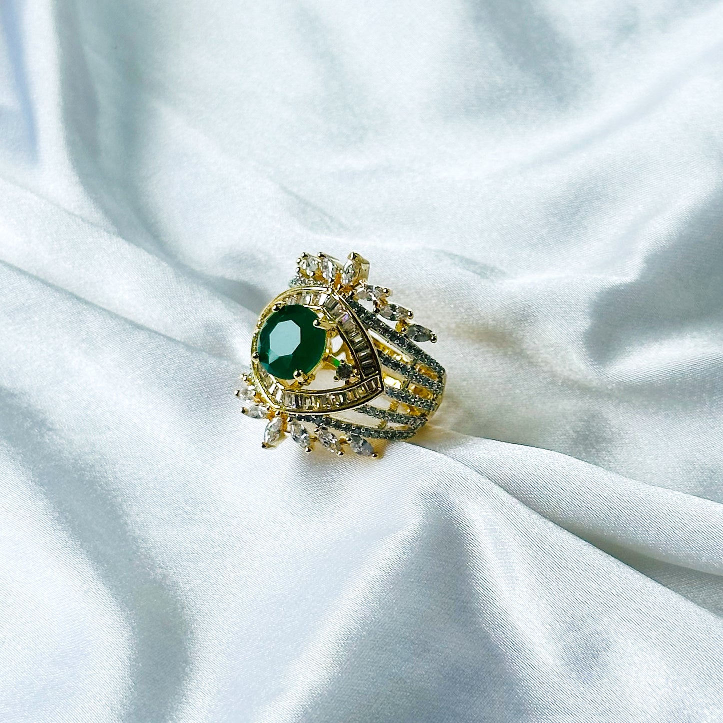 Green Emerald Cubic Zircon American Diamond Gold/Silver Plated Adjustable Ring