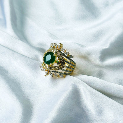 Green Emerald Cubic Zircon American Diamond Gold/Silver Plated Adjustable Ring