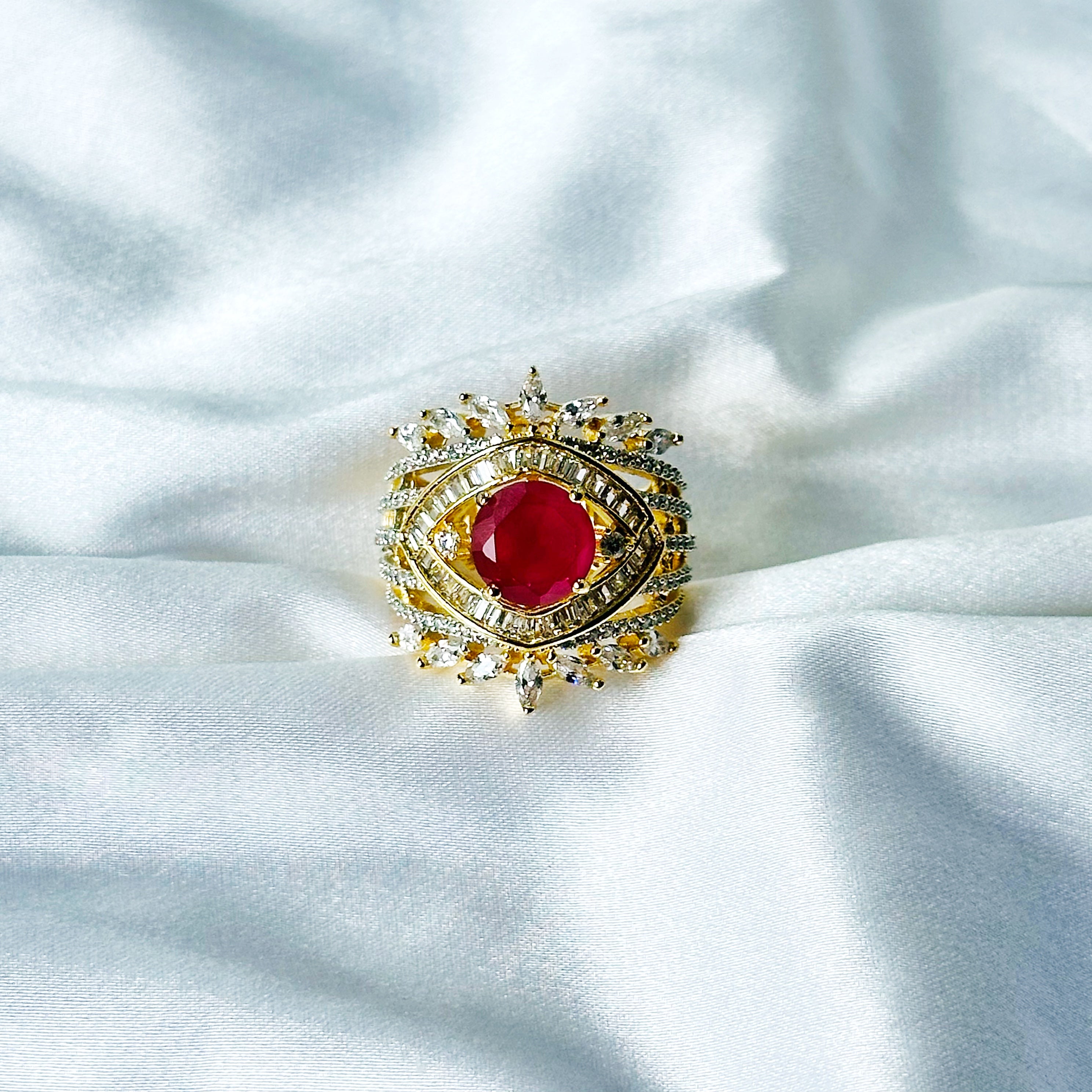 Red Ruby Cubic Zircon American Diamond Gold/Silver Plated Adjustable Ring