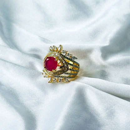 Red Ruby Cubic Zircon American Diamond Gold/Silver Plated Adjustable Ring