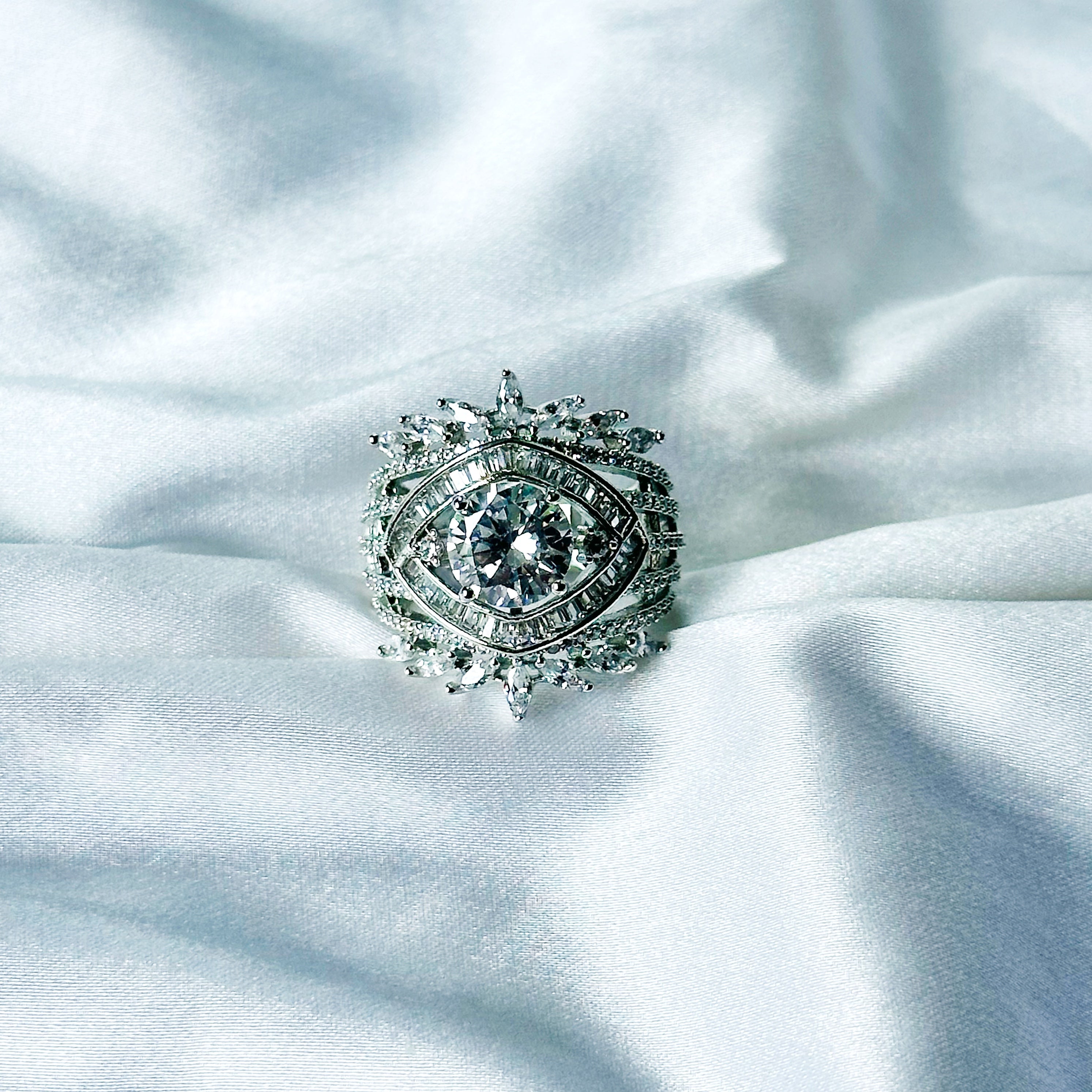 Solitaire Cubic Zircon American Diamond Silver Plated Adjustable Ring