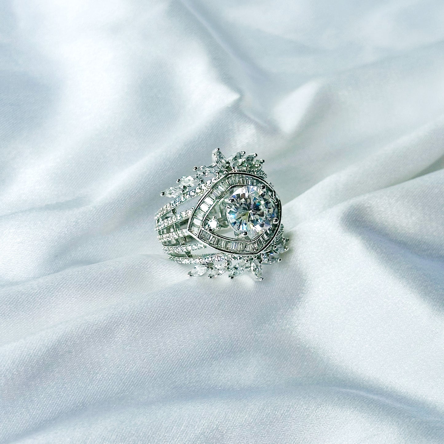 Solitaire Cubic Zircon American Diamond Silver Plated Adjustable Ring