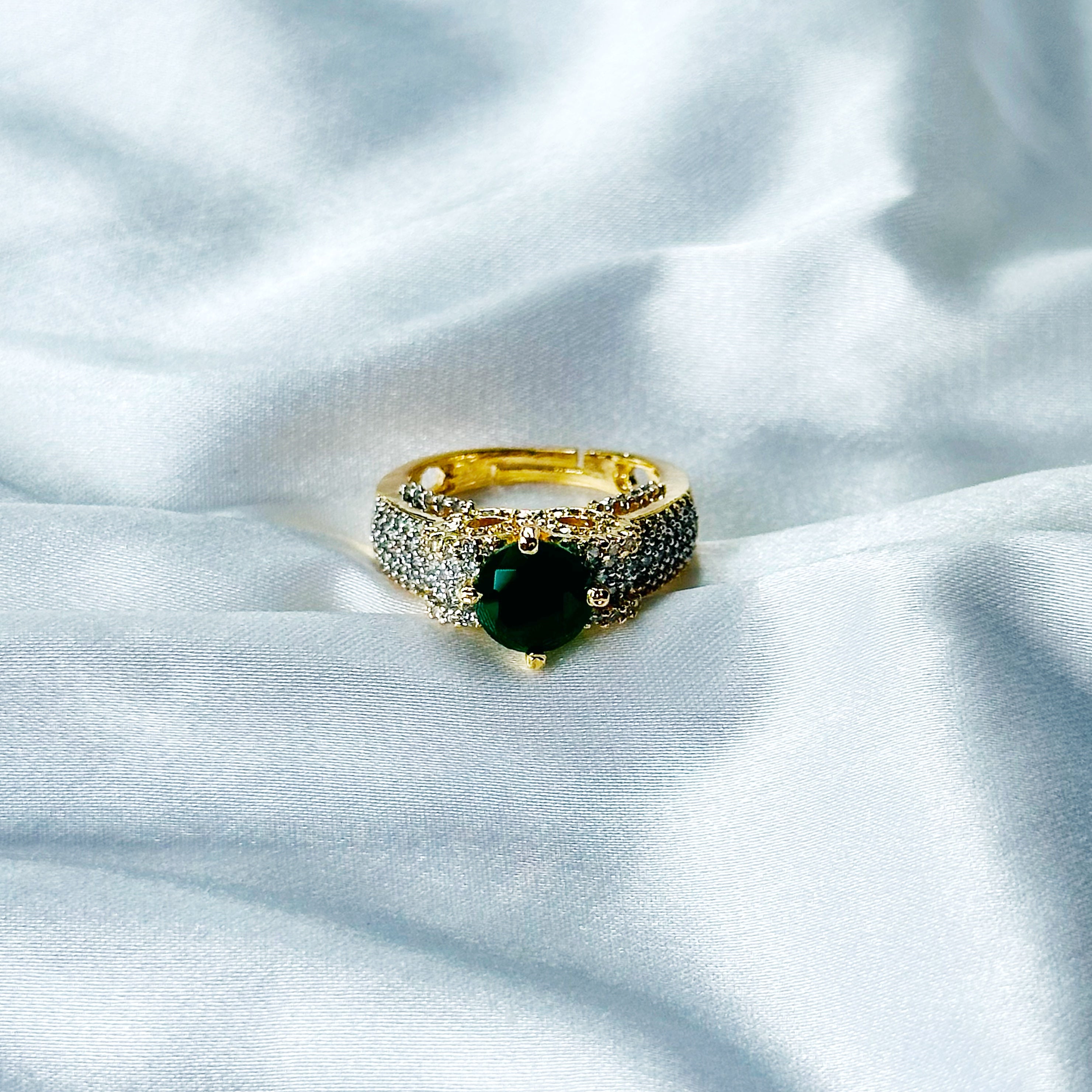 Green Emerald Cubic Zircon American Diamond Gold/Silver Plated Adjustable Ring