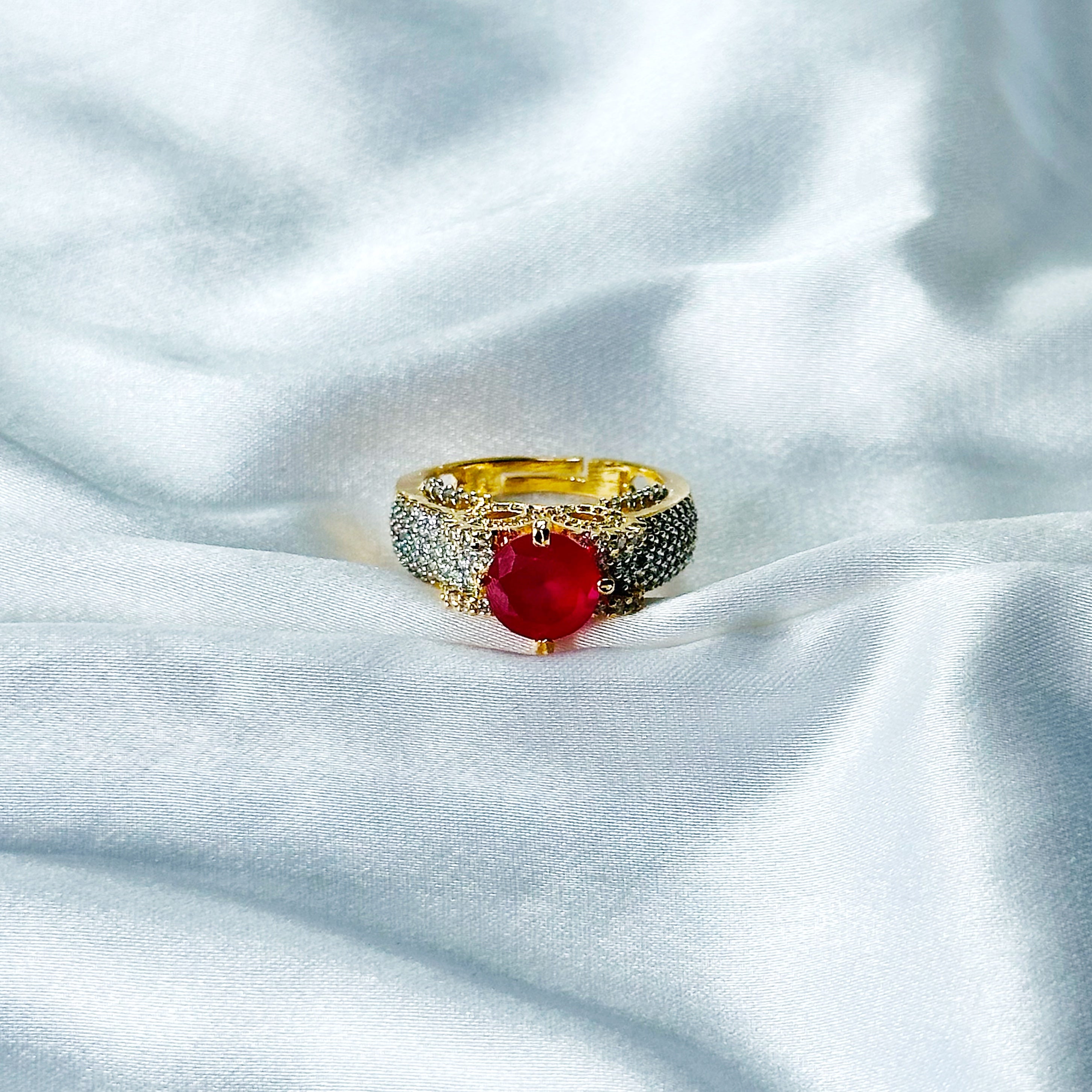 Red Ruby Cubic Zircon American Diamond Gold/Silver Plated Adjustable Ring