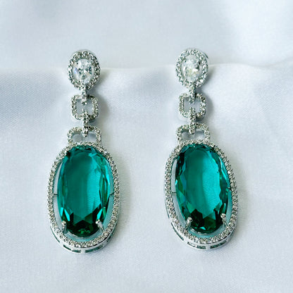 Sea Green Topaz Cubic Zircon American Diamond Silver Plated Earrings