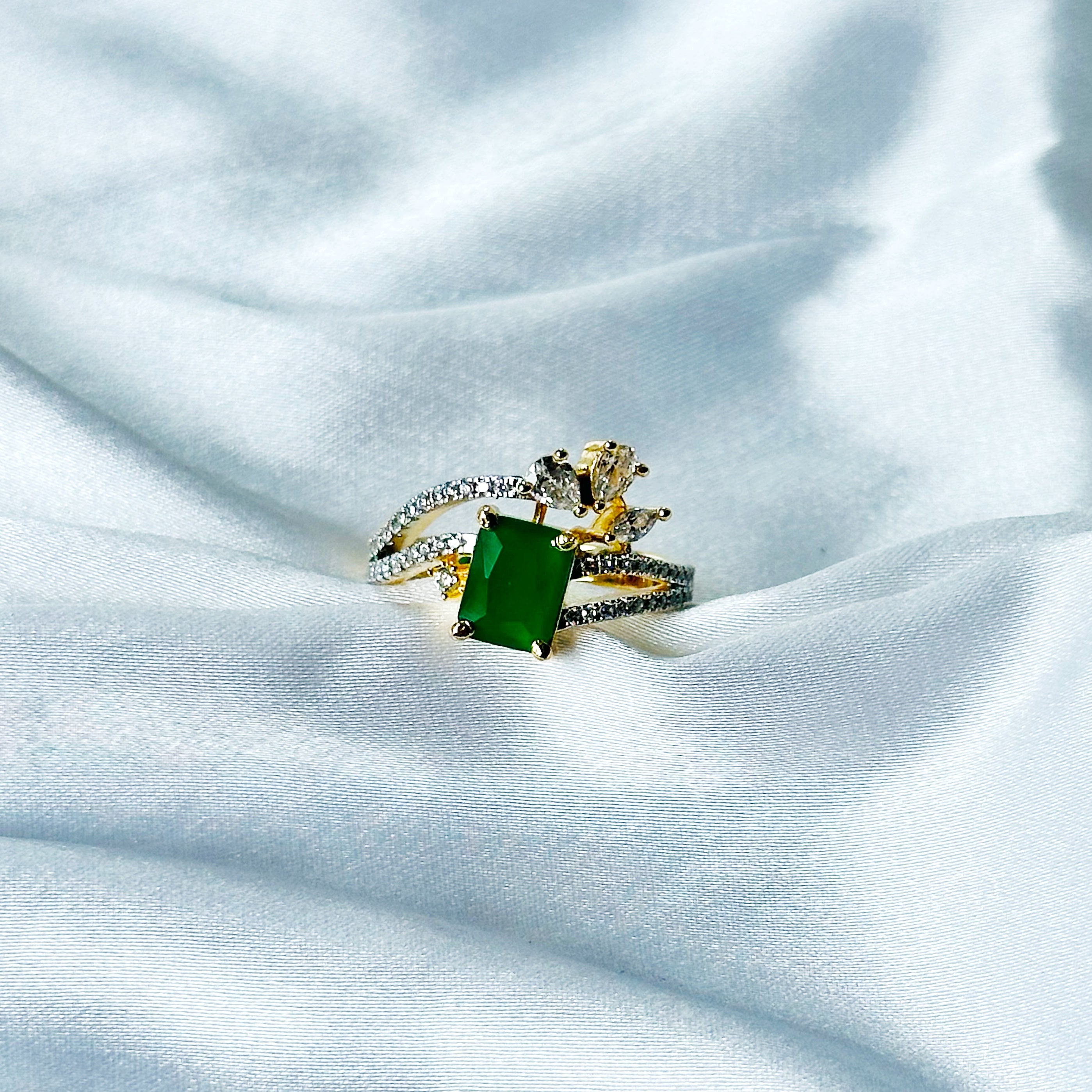 Green Emerald Cubic Zircon American Diamond Gold/Silver Plated Adjustable Ring
