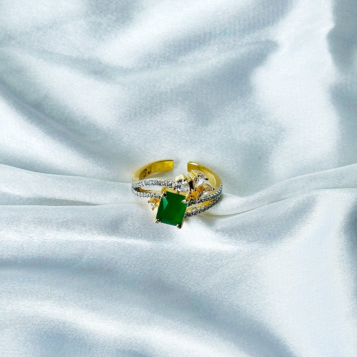 Green Emerald Cubic Zircon American Diamond Gold/Silver Plated Adjustable Ring