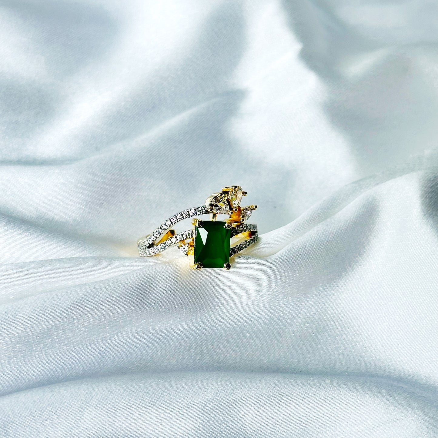 Green Emerald Cubic Zircon American Diamond Gold/Silver Plated Adjustable Ring