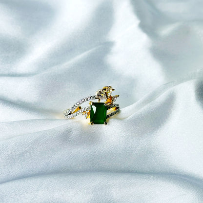 Green Emerald Cubic Zircon American Diamond Gold/Silver Plated Adjustable Ring