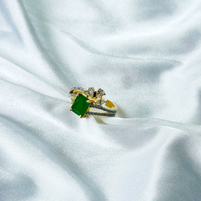 Green Emerald Cubic Zircon American Diamond Gold/Silver Plated Adjustable Ring
