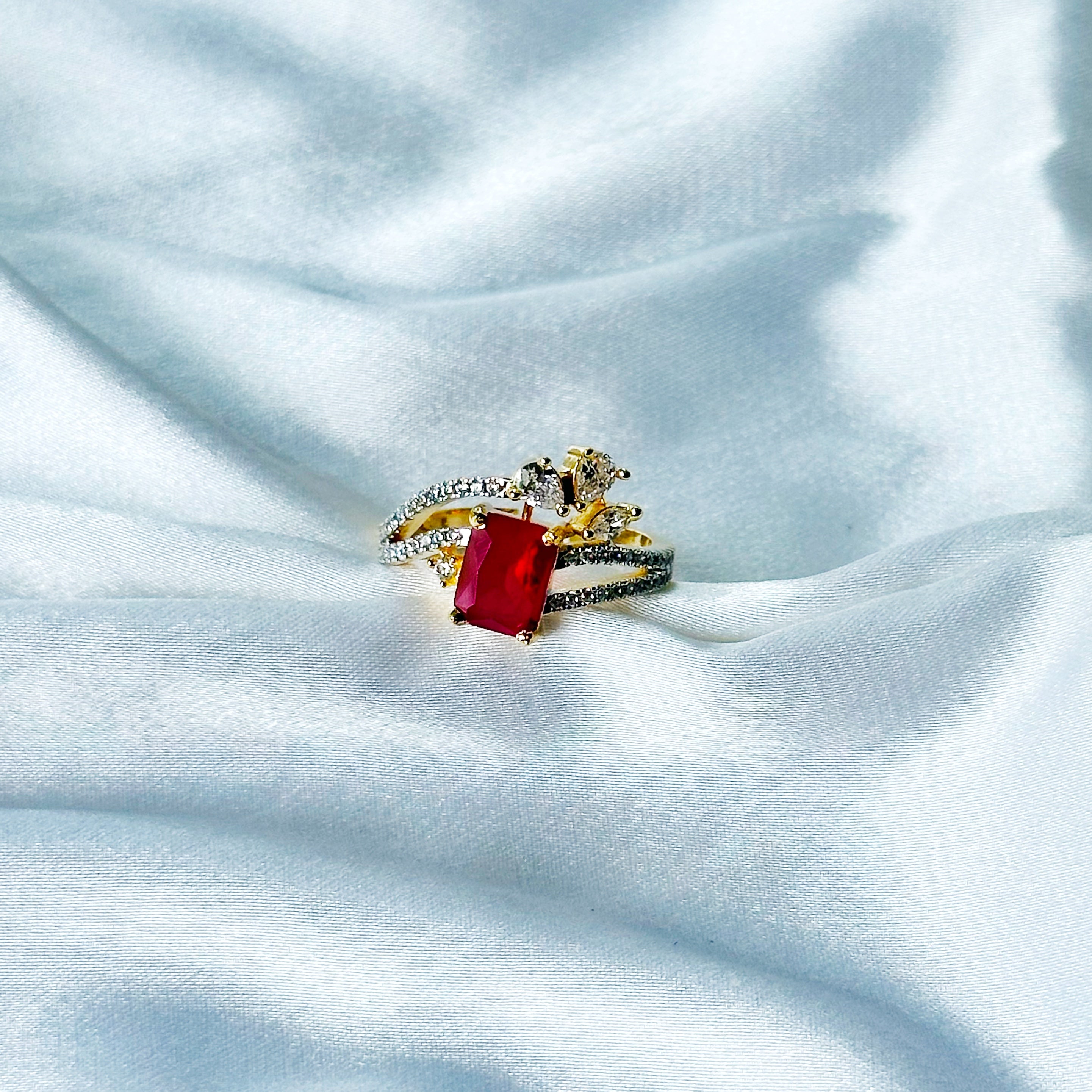 Red Ruby Cubic Zircon American Diamond Gold/Silver Plated Adjustable Ring