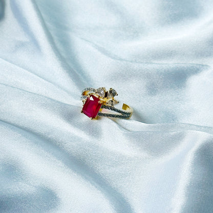 Red Ruby Cubic Zircon American Diamond Gold/Silver Plated Adjustable Ring