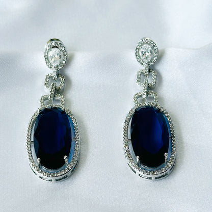 Blue Sapphire Cubic Zircon American Diamond Silver Plated Earrings