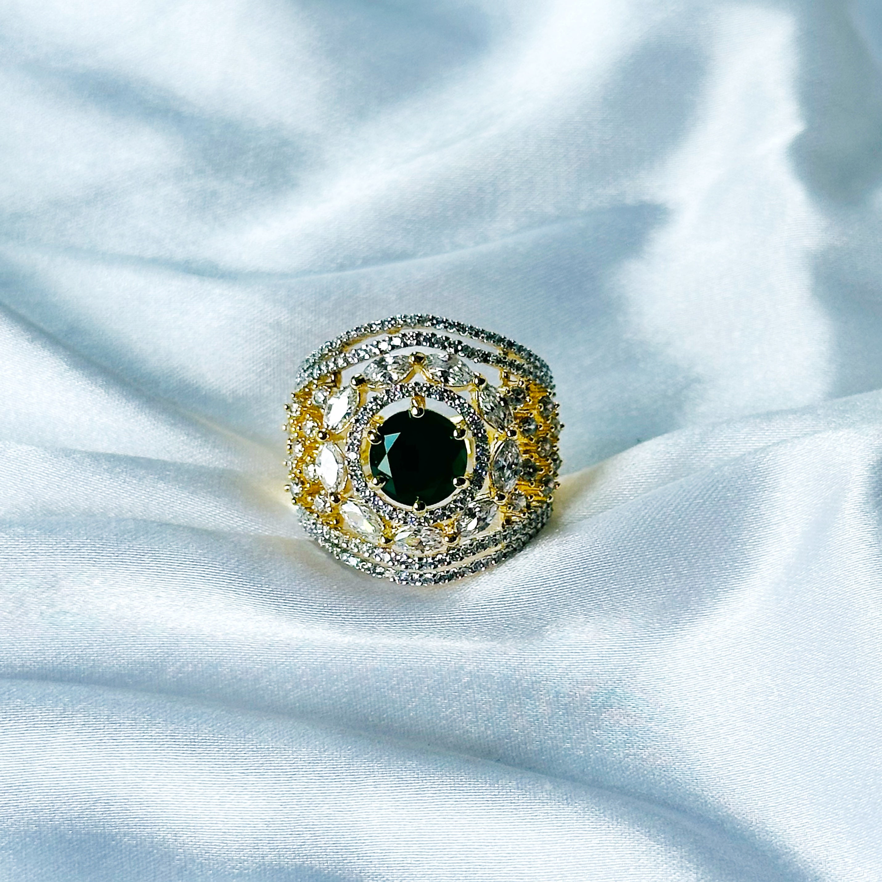 Green Emerald Cubic Zircon American Diamond Gold/Silver Plated Adjustable Ring