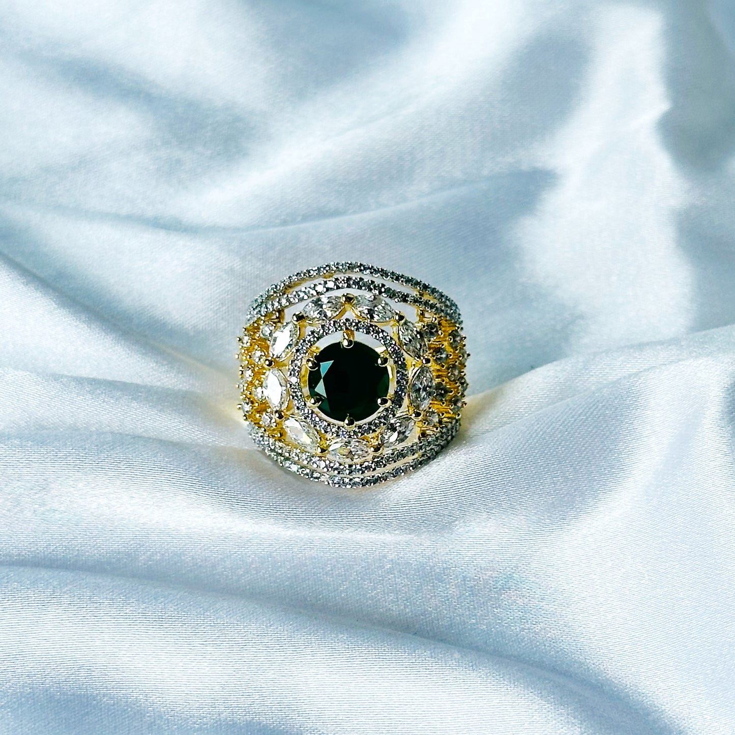 Green Emerald Cubic Zircon American Diamond Gold/Silver Plated Adjustable Ring