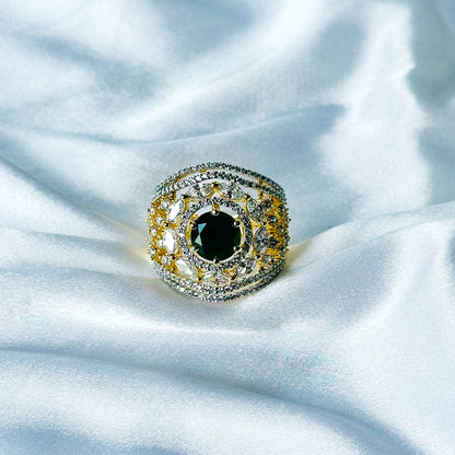 Green Emerald Cubic Zircon American Diamond Gold/Silver Plated Adjustable Ring