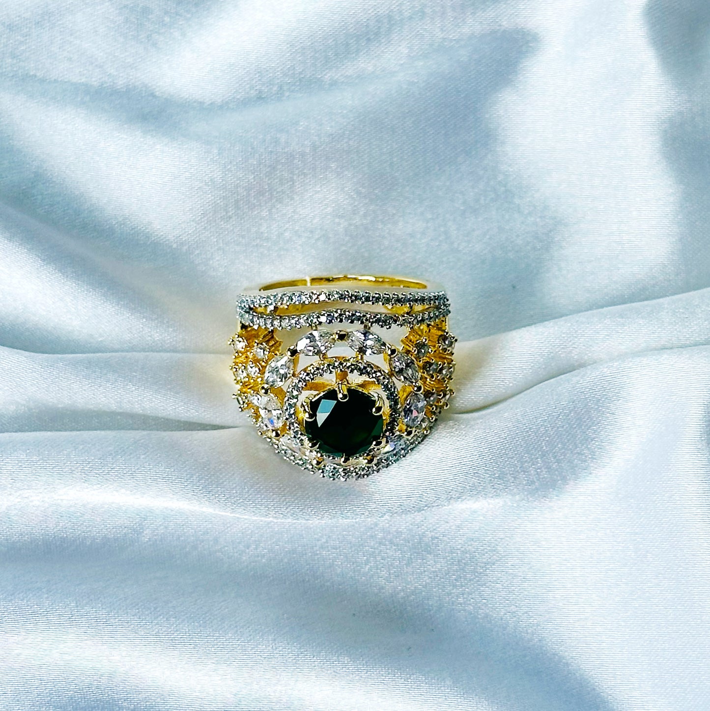 Green Emerald Cubic Zircon American Diamond Gold/Silver Plated Adjustable Ring