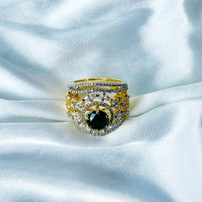 Green Emerald Cubic Zircon American Diamond Gold/Silver Plated Adjustable Ring