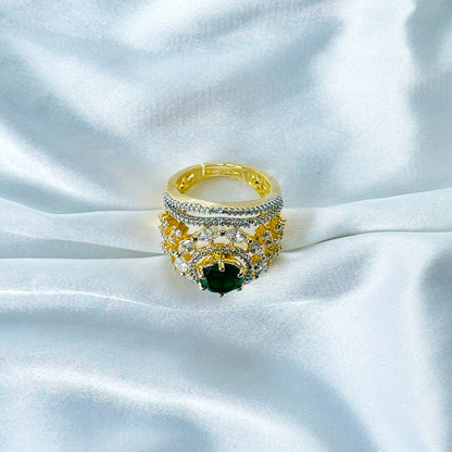 Green Emerald Cubic Zircon American Diamond Gold/Silver Plated Adjustable Ring