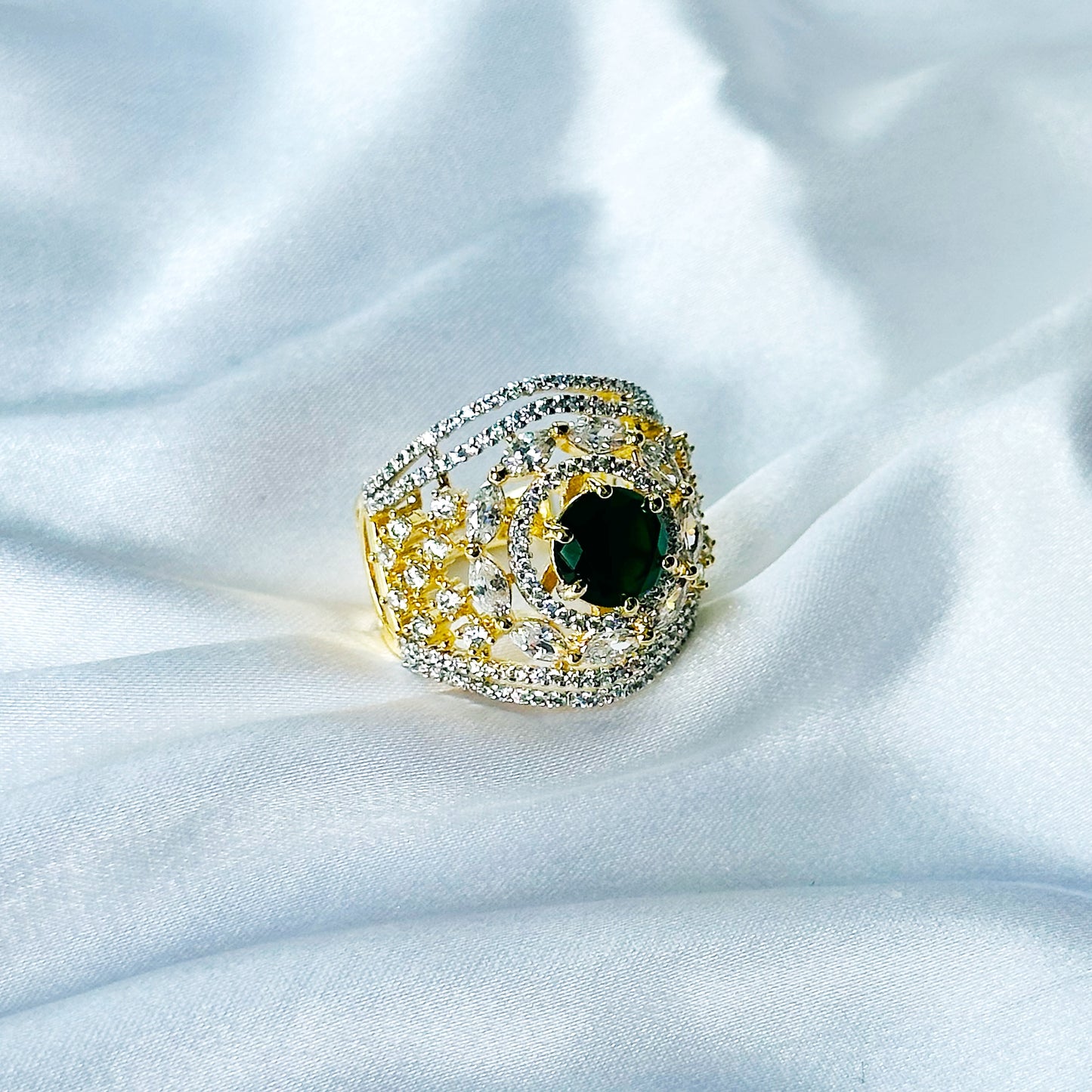 Green Emerald Cubic Zircon American Diamond Gold/Silver Plated Adjustable Ring