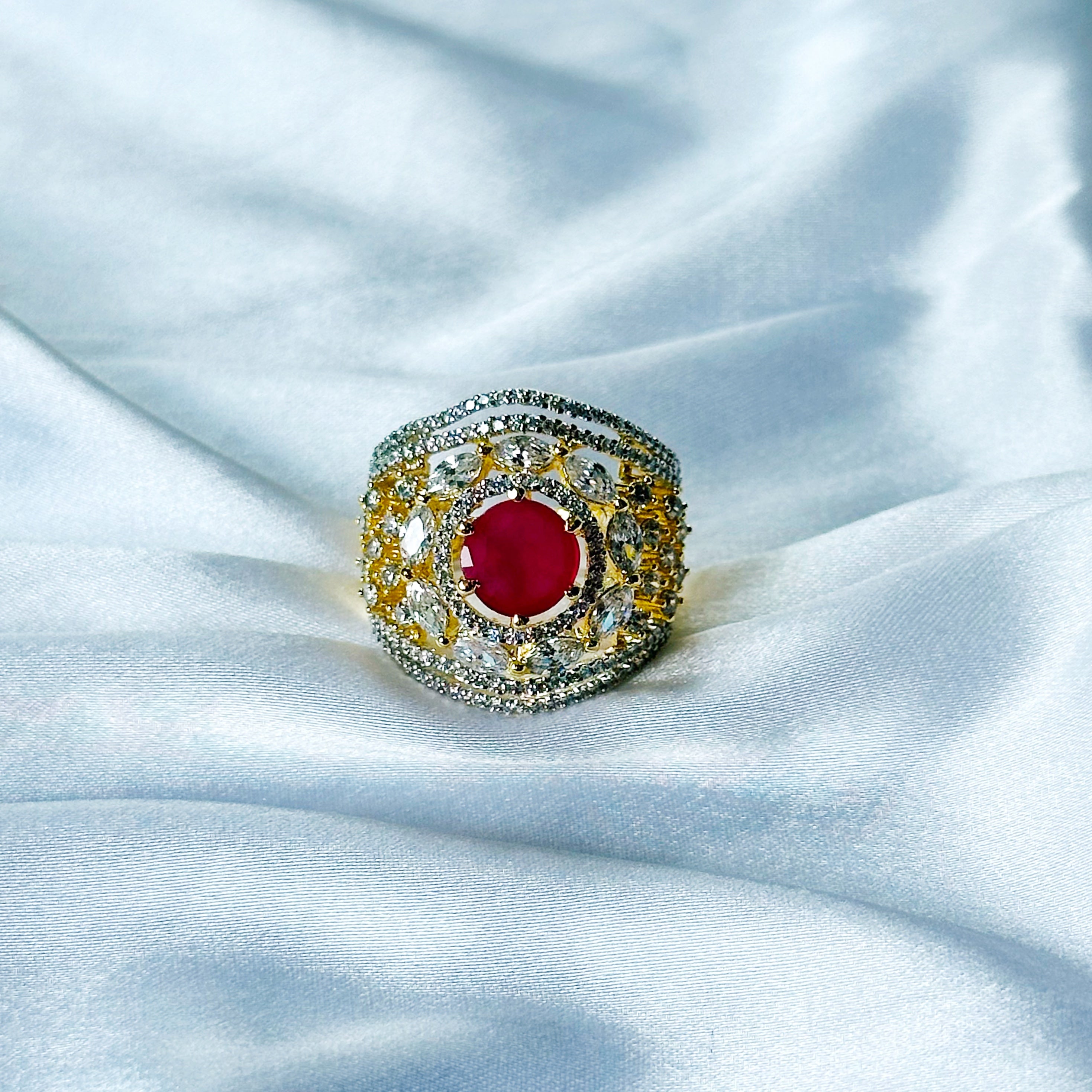 Red Ruby Cubic Zircon American Diamond Gold/Silver Plated Adjustable Ring