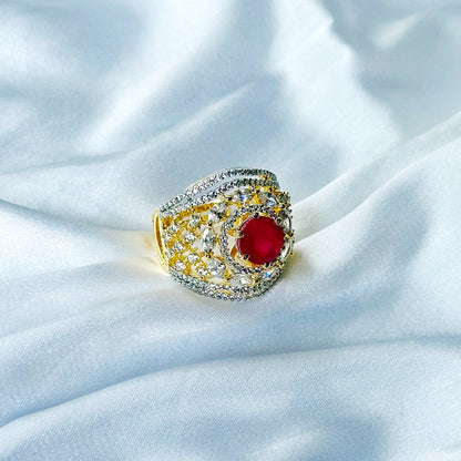Red Ruby Cubic Zircon American Diamond Gold/Silver Plated Adjustable Ring