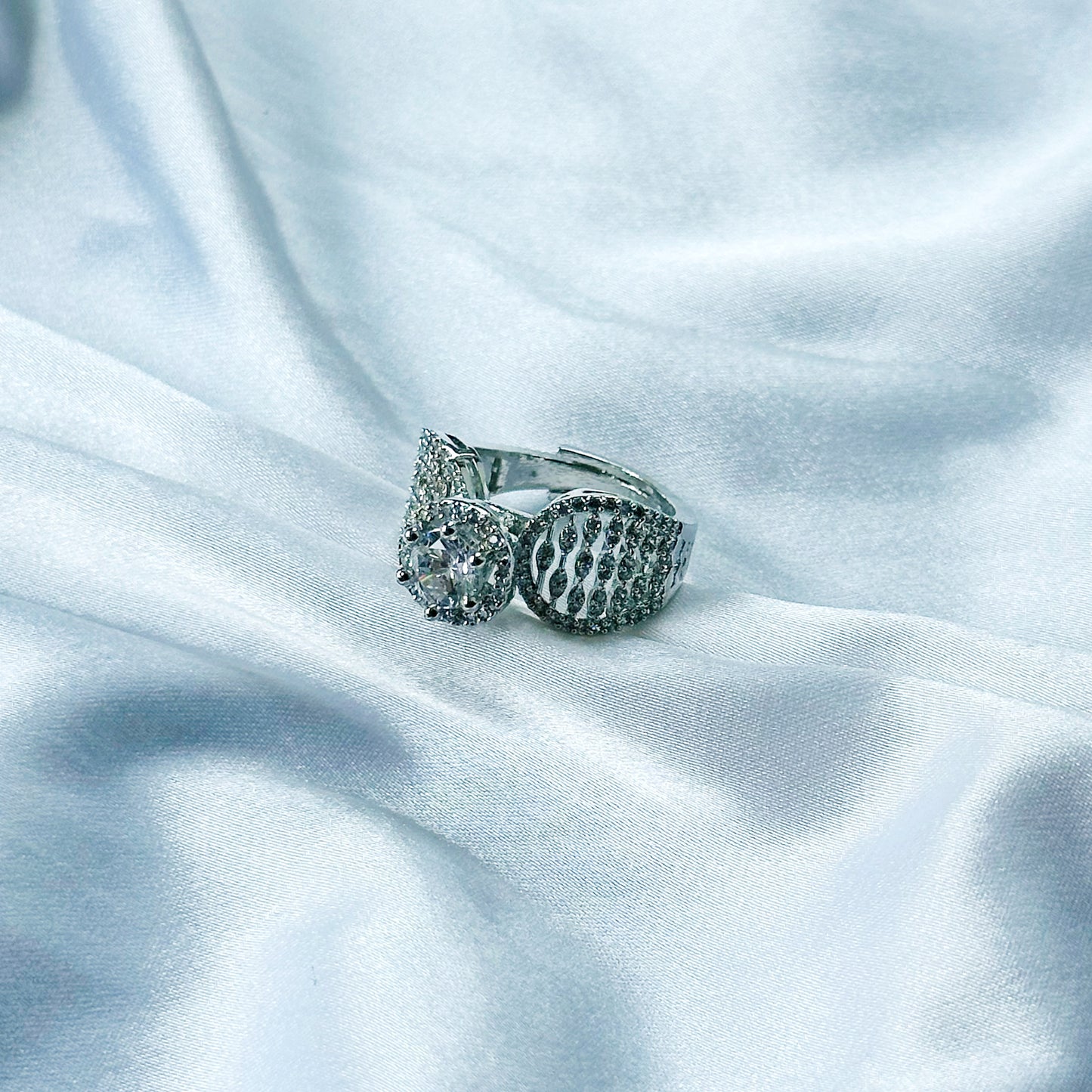 Solitaire Cubic Zircon American Diamond Silver Plated Adjustable Ring