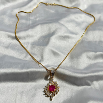 Red Ruby Cubic Zircon American Diamond Gold Plated Pendant Set