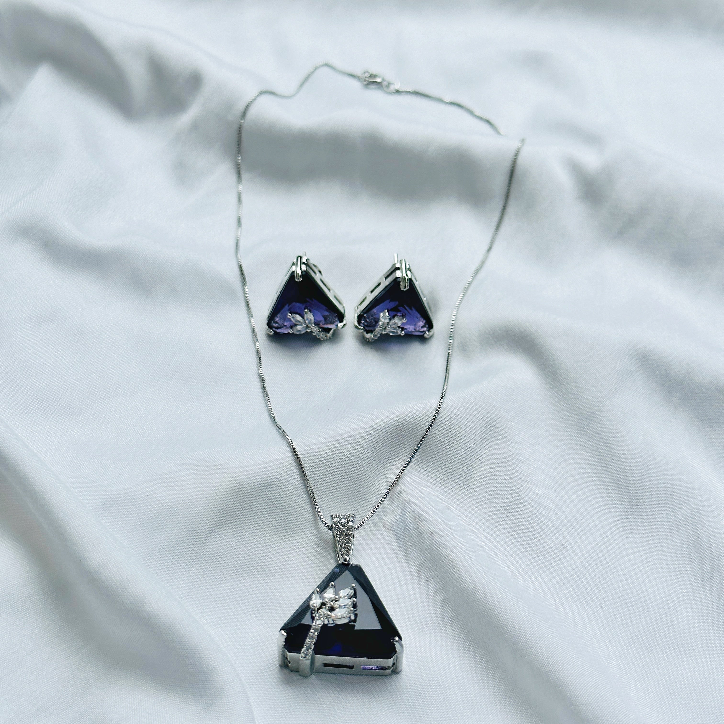 Deep Purple Amethyst Cubic Zircon American Diamond Silver Plated Pendant Set