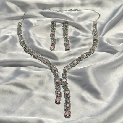 Pink Topaz Cubic  Zircon Stones American Diamond Silver Plated Necklace Set